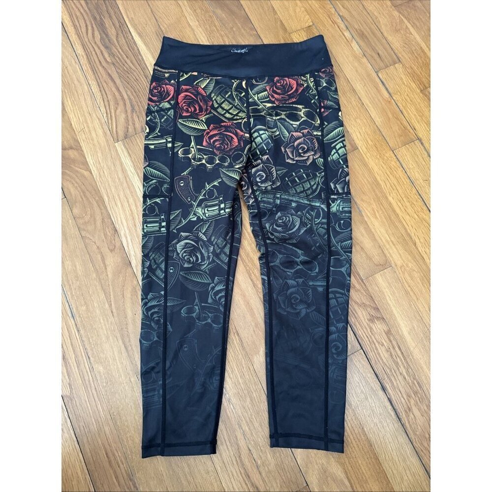 CVG Constantly Varied Gear Leggings Capri Length Grenade Guns Roses Print Size S